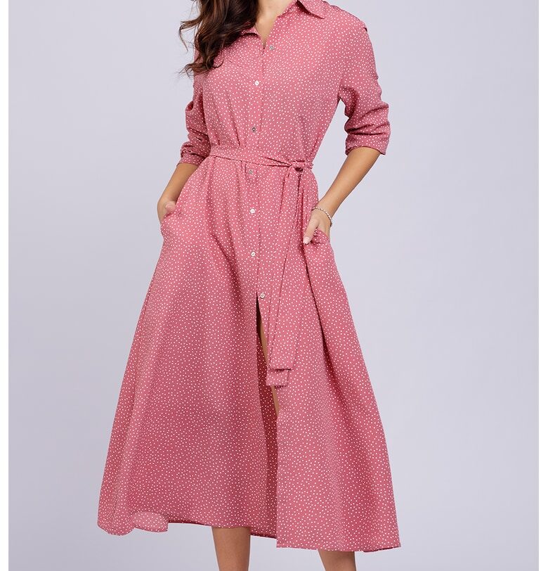 Дълга рокля-риза с джобове - Пастелнорозов/Бял CAMISSI