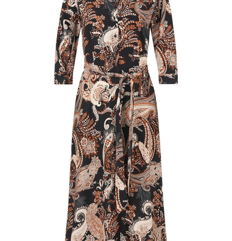 Дълга рокля с V-образно деколте и пейсли принт DiKa