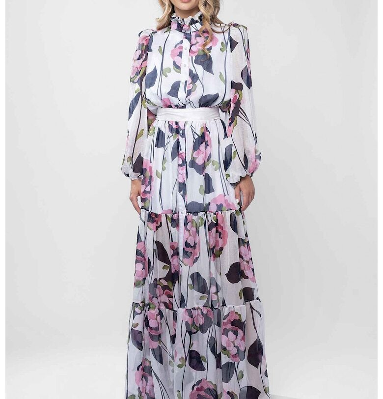 Дълга рокля с висока яка и живописен флорален принт Monarh design