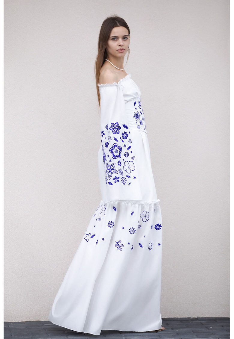 Дълга рокля с голи рамене и флорални мотиви - Бял/Син UVIA