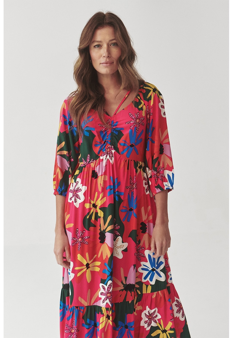 Дълга рокля с десен и шпиц - Зелен/Яркорозово/Кралско Синьо Tatuum