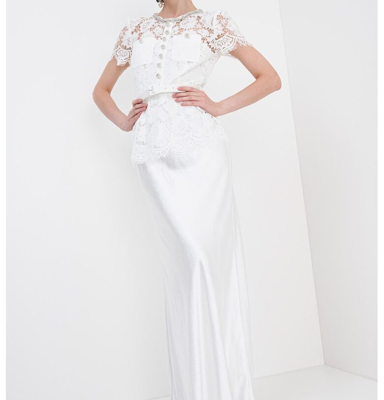 Дълга рокля с дизайн 2в1 и флорална дантела - Бял/Прозрачен SELF-PORTRAIT