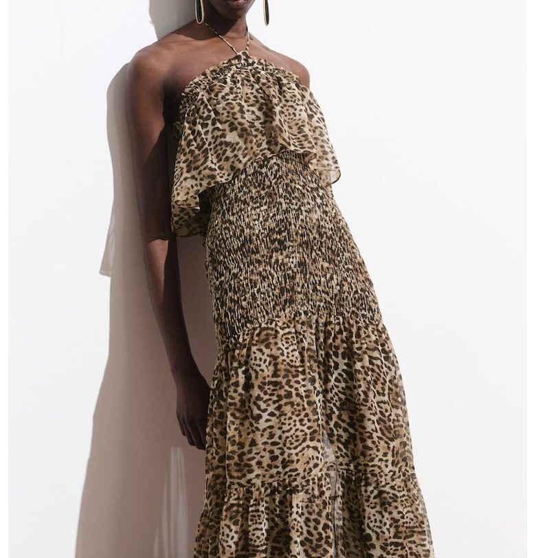 Дълга рокля с животински принт - Черен/Кафяв Mango