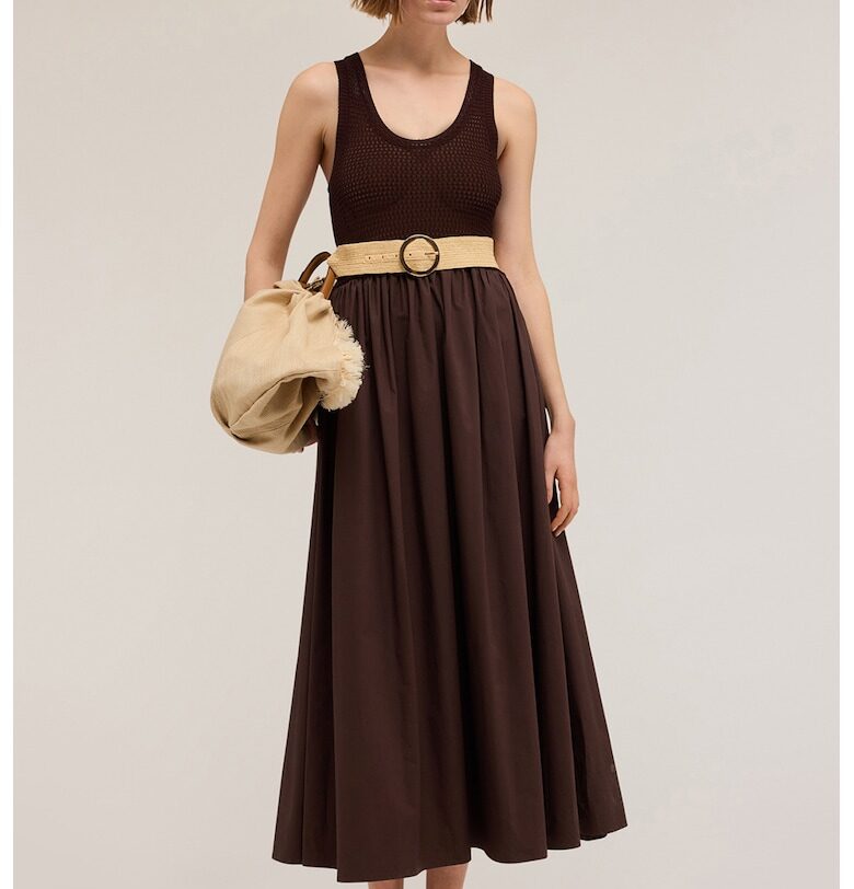 Дълга рокля с мрежест корсаж - Тъмнокафяв Motivi