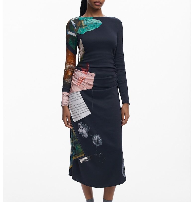 Дълга рокля с набирания - Зелен/Ултрамарин синьо/Бледо розово DESIGUAL