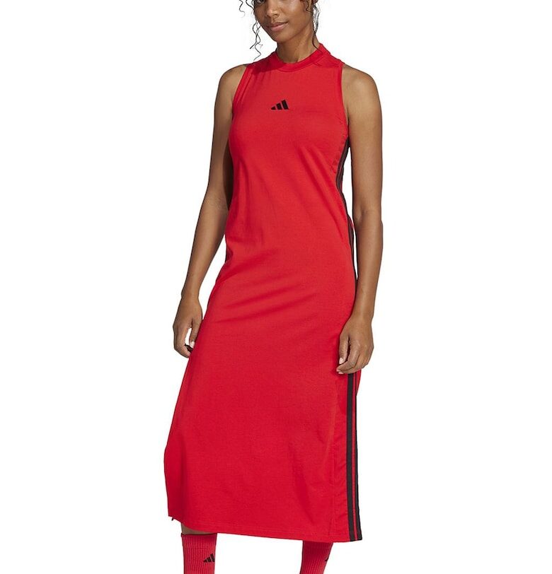 Дълга рокля с памук и цепка встрани - Червен/Черен adidas Sportswear