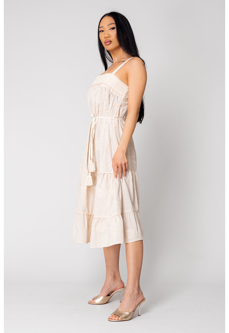 Дълга рокля с презрамки и бродерия бежова 16510 - Бежов uFIT