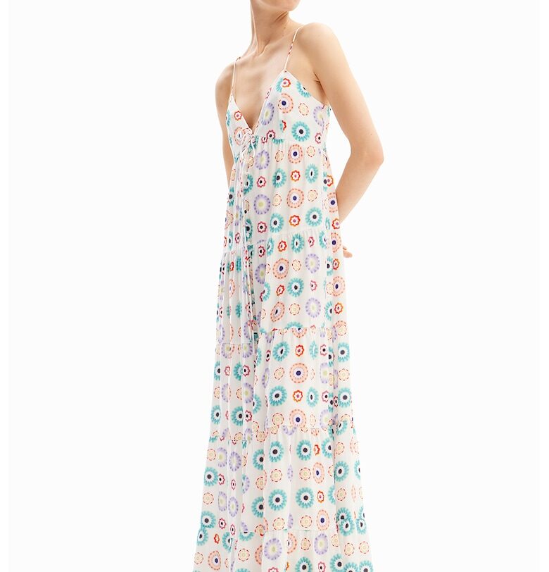 Дълга рокля с принт - Слонова кост/Виолетов/Тюркоаз DESIGUAL