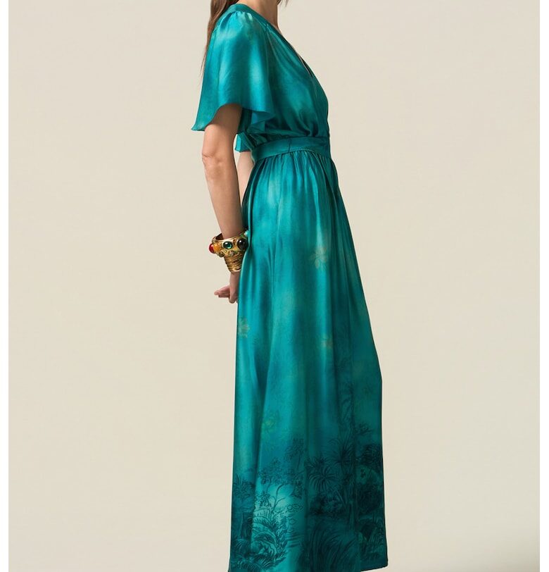 Дълга рокля с ръказви тип пеперуда - Аква зелено Oltre