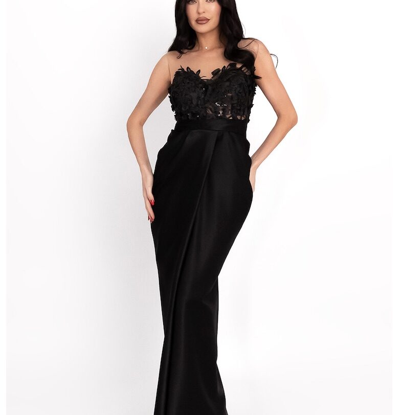 Дълга рокля с флорални апликации - Черен Acob a porter