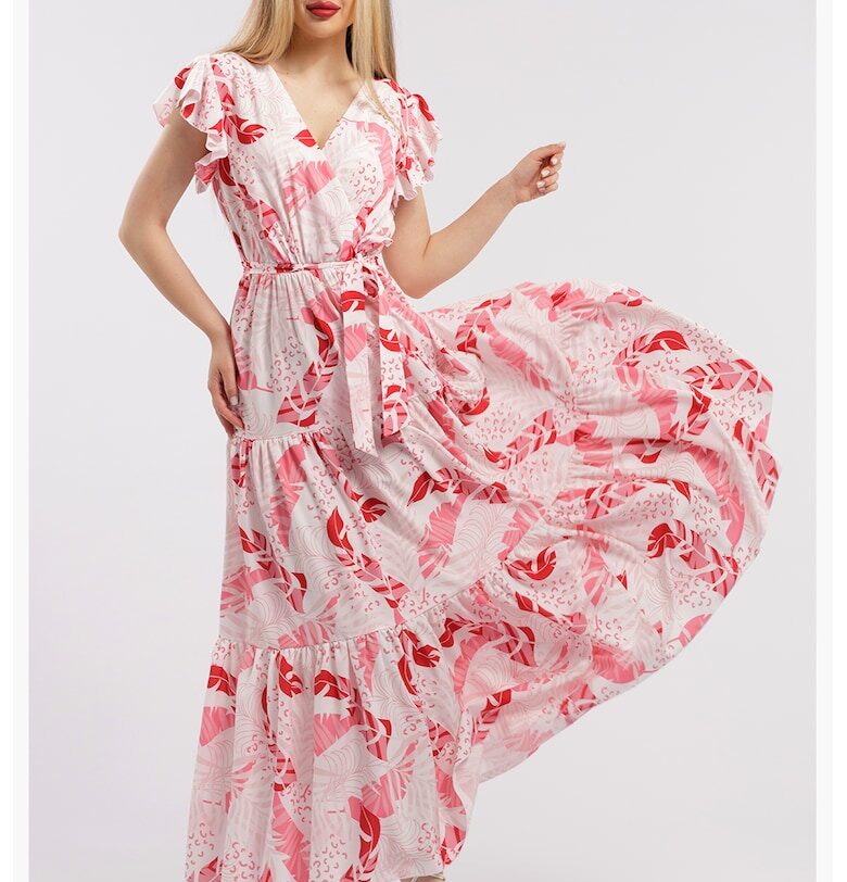 Дълга рокля с шпиц - Бял/Розово CAMISSI