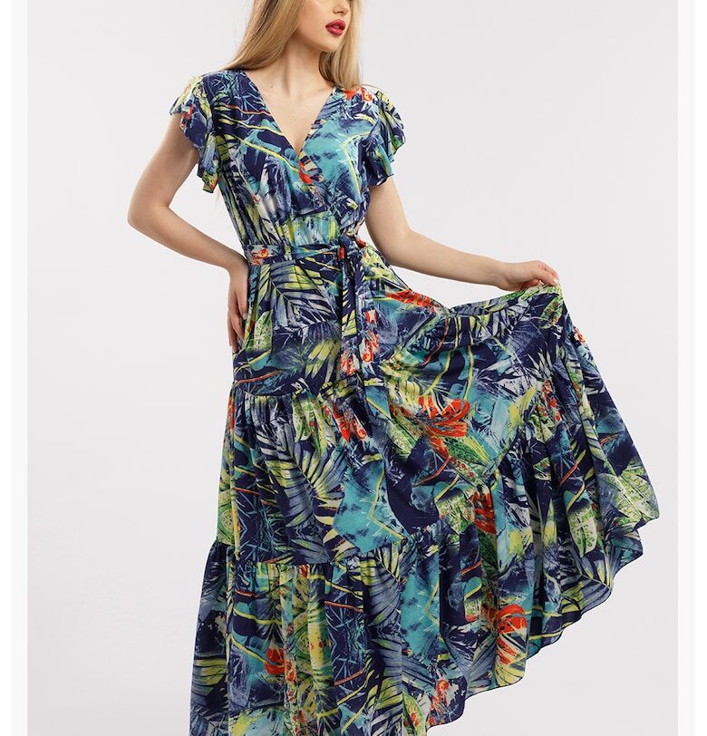 Дълга рокля с шпиц - Лайм зелено/Тъмносин CAMISSI