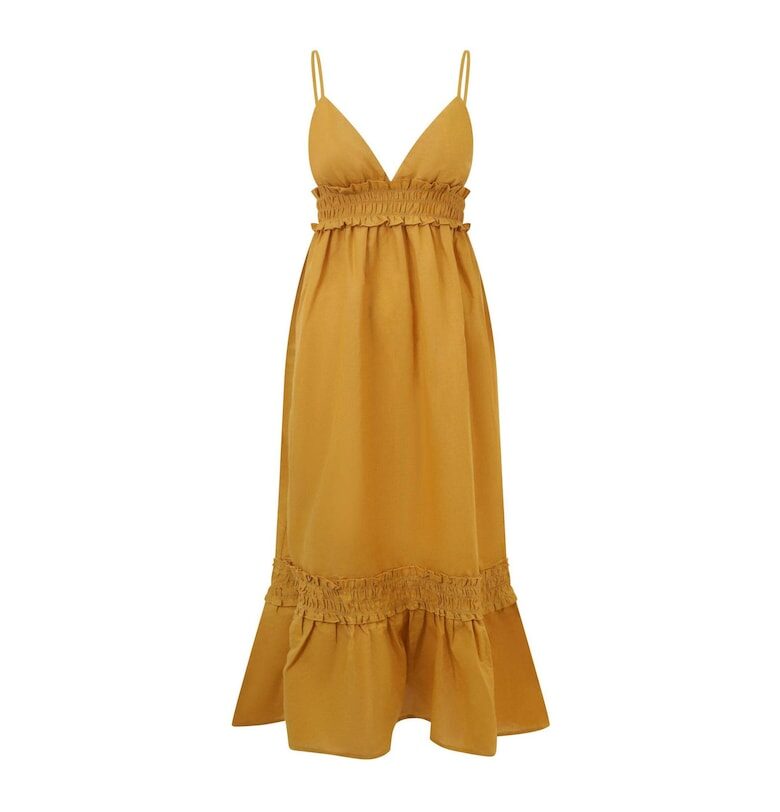 Дълга рокля с шпиц и крепирани зони - Синапено жълто BALOU