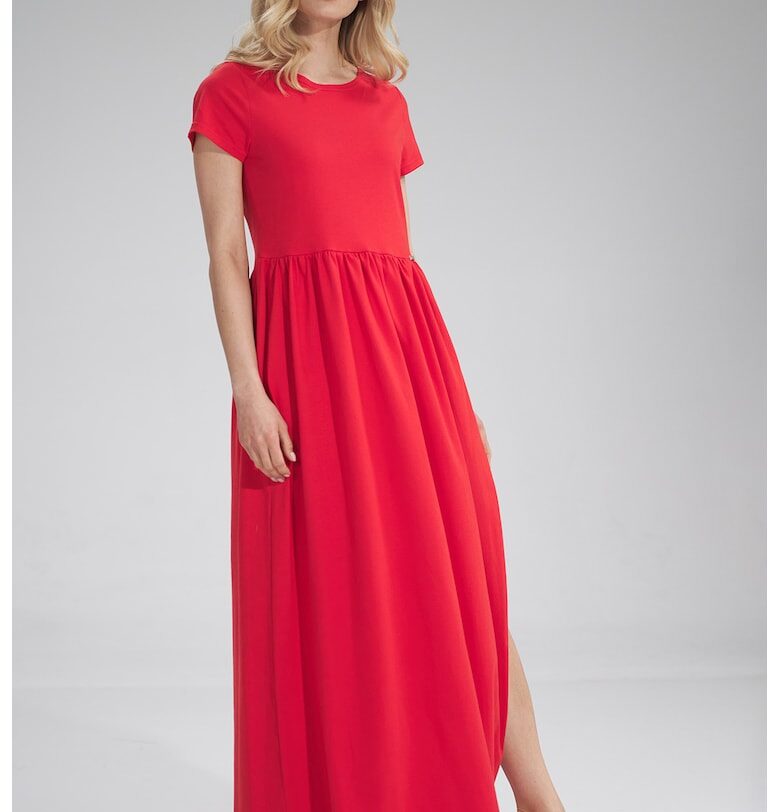 Дълга рокля  червена - памучна - с цепка Figl