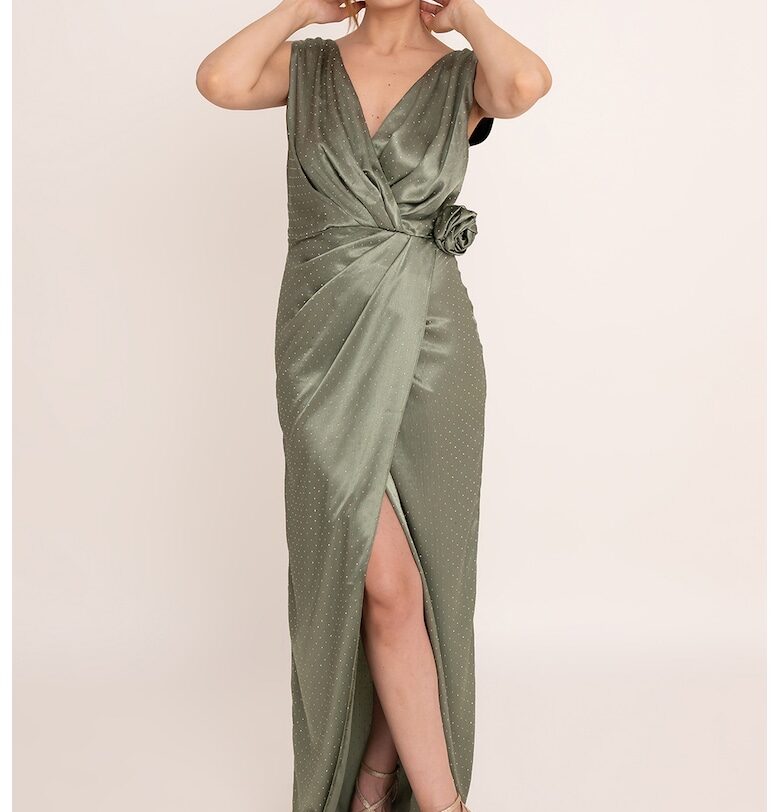 Дълга сатенена рокля Lilith - Зелени аспержи Ilona Andreoiu