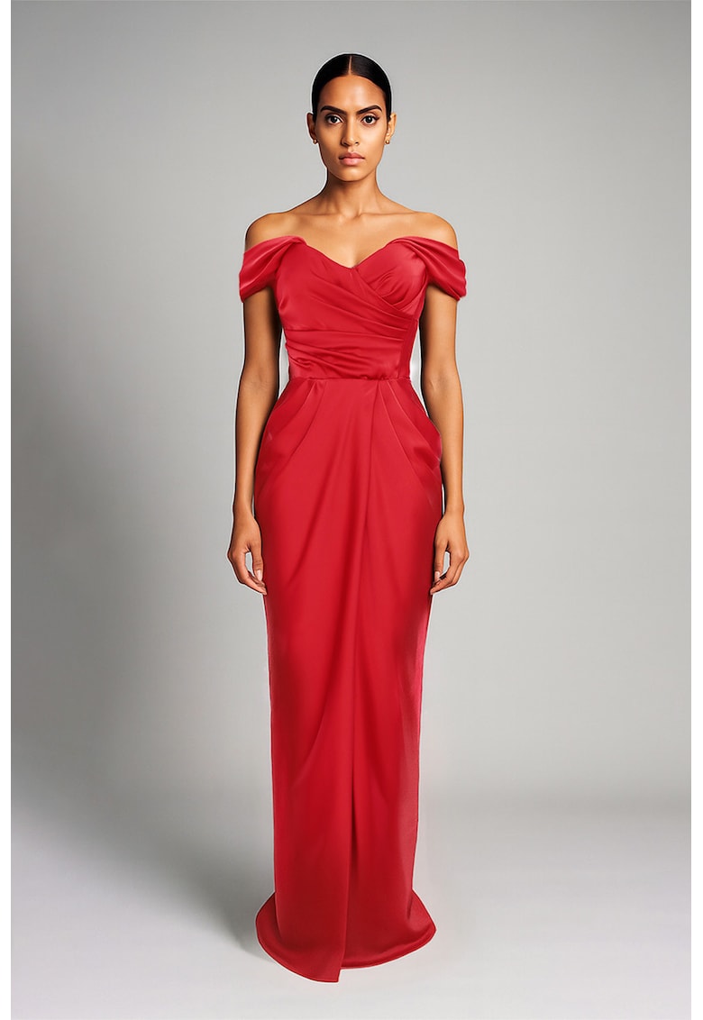Дълга сатинирана рокля с голи рамене - Червен Acob a porter