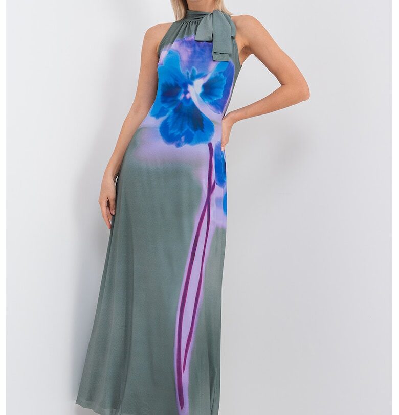 Дълга флорална рокля Lorena с панделка на деколтето - Зелен/Тъмносин MaxCo