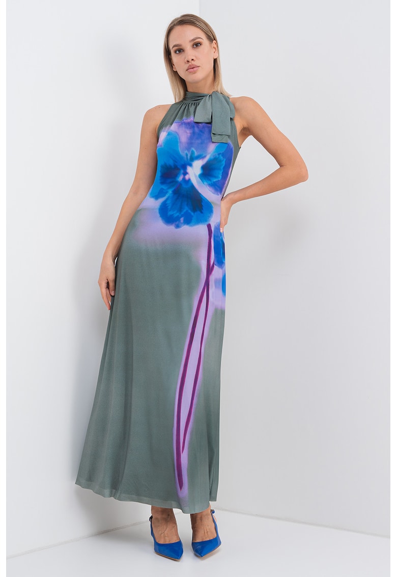 Дълга флорална рокля Lorena с панделка на деколтето - Зелен/Тъмносин MaxCo