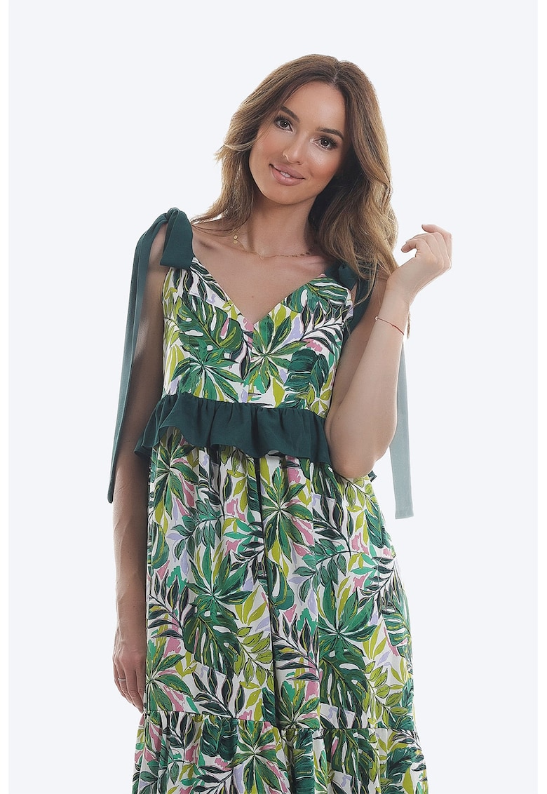 Дълга флорална рокля - Бял/Зелен ONIBON FASHION
