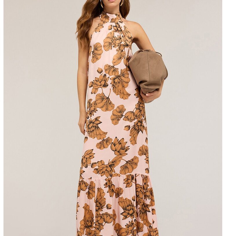 Дълга флорална рокля - Черен/Карамел/Бледо розово Motivi