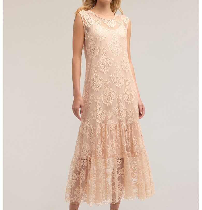 Дълга флорална рокля с надиплен подгъв - Бежов Motivi