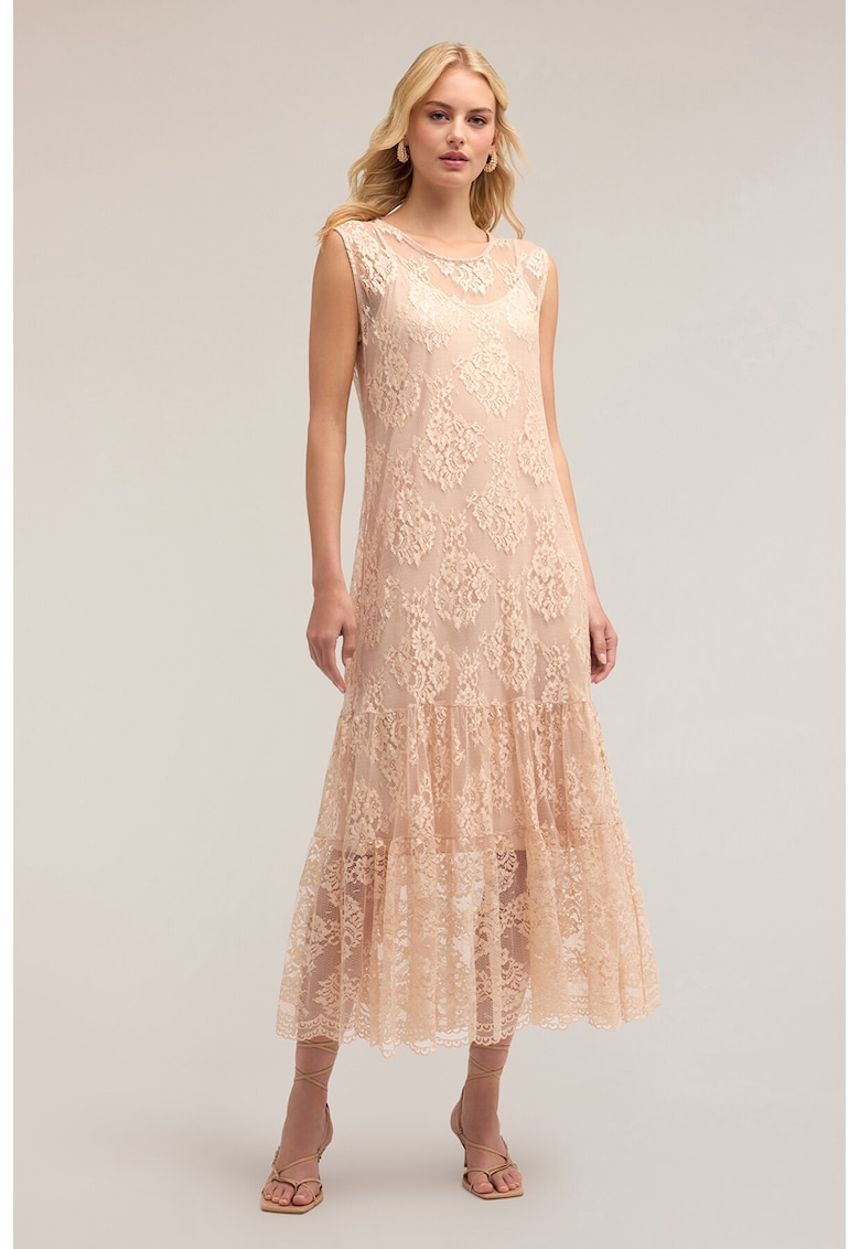 Дълга флорална рокля с надиплен подгъв - Бежов Motivi