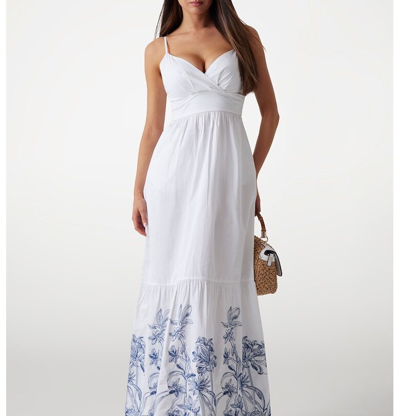 Дълга флорална рокля със сърцевидно деколте - Бял/Прашно синьо GUESS