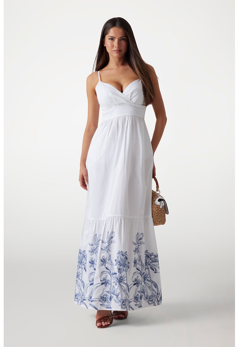 Дълга флорална рокля със сърцевидно деколте - Бял/Прашно синьо GUESS