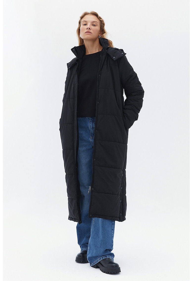Дълго капитонирано зимно яке с качулка - Черен OXXO