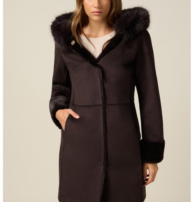 Дълго палто от еко вълна с качулка - Тъмнокафяв Oltre