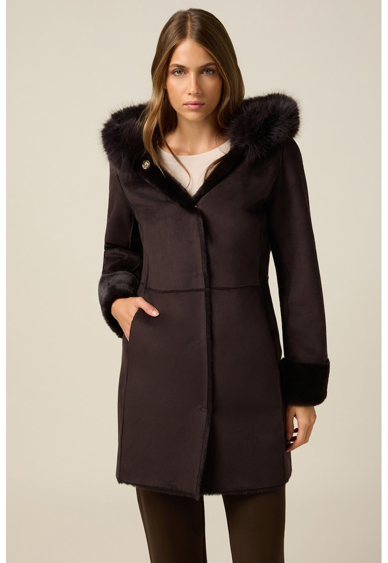 Дълго палто от еко вълна с качулка - Тъмнокафяв Oltre