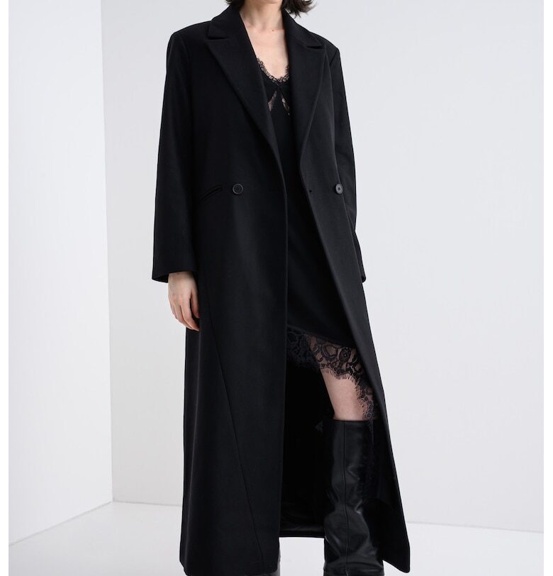 Дълго палто с вълна и бродирано лого - Черен AllSaints