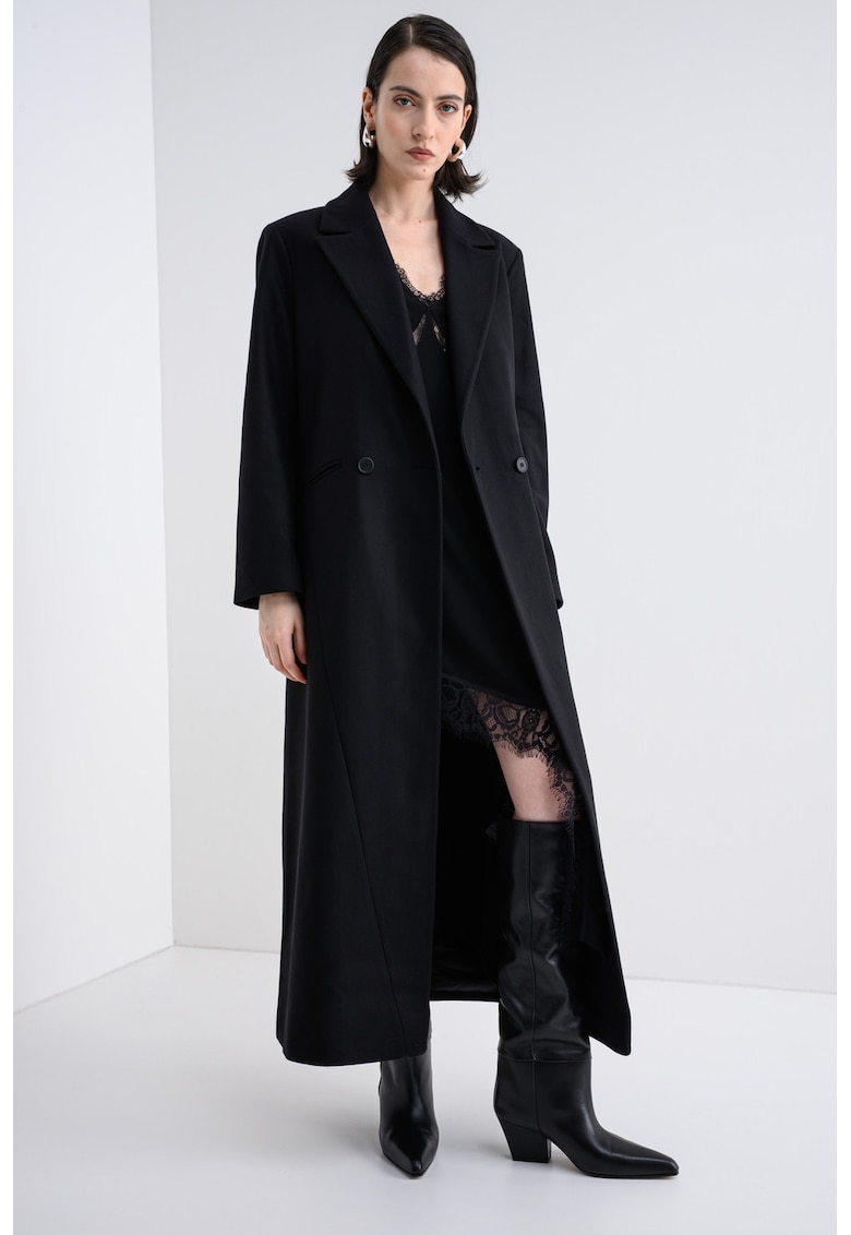 Дълго палто с вълна и бродирано лого - Черен AllSaints