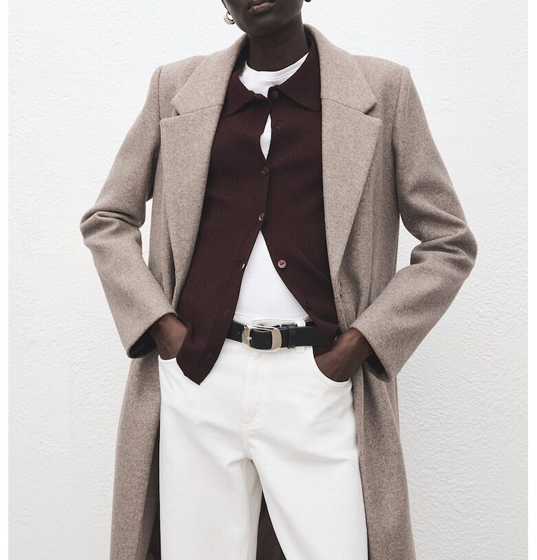 Дълго палто с раздвоен ревер - Светло кафяво Mango