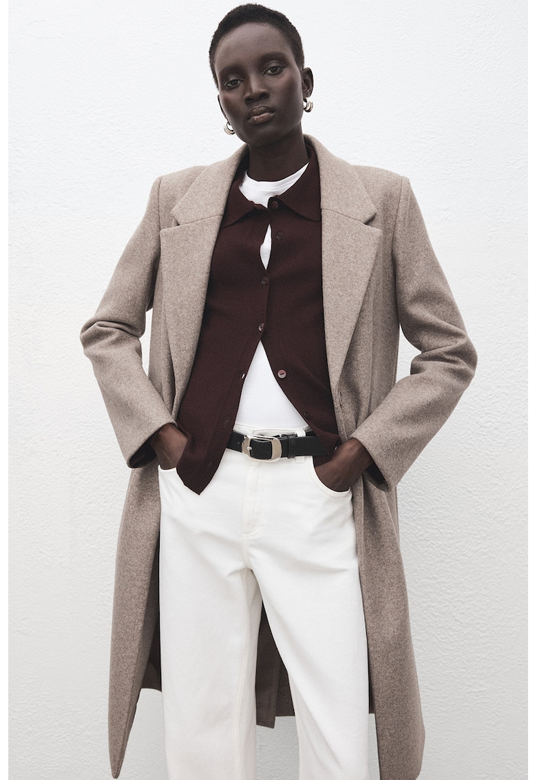 Дълго палто с раздвоен ревер - Светло кафяво Mango