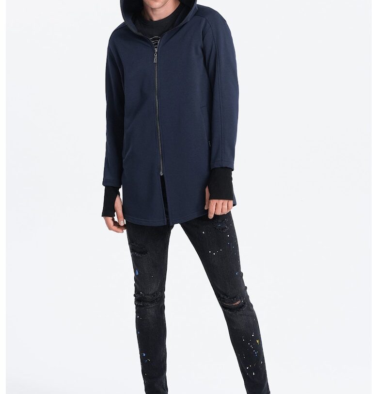 Дълго худи със скосени джобове - Тъмносин OMBRE