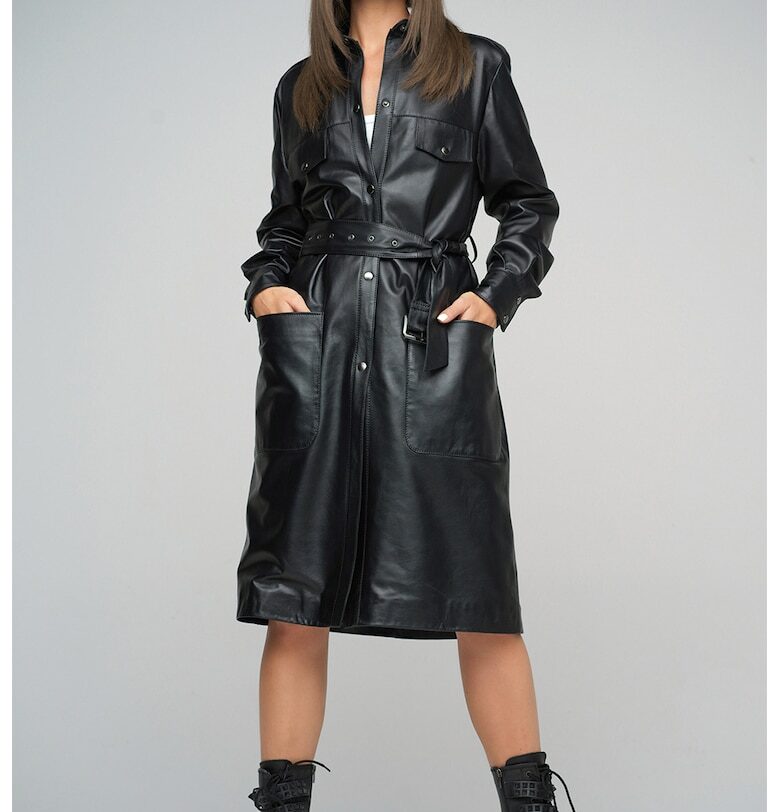 Дълъг кожен тренч с колан - Черен AA Vesa