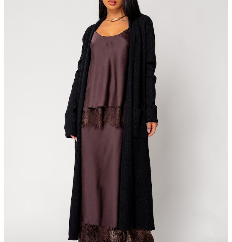 Дълъг плетен кардиган Черен 18120 - Черен uFIT