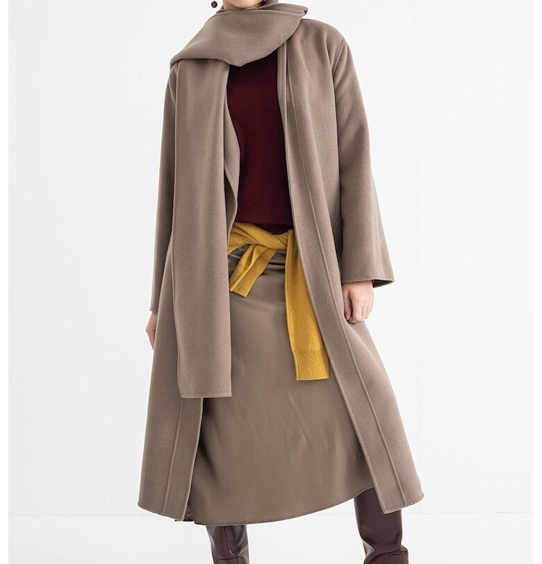 Дълъг тренч с вълна и прикрепен шал - Каки Stefanel