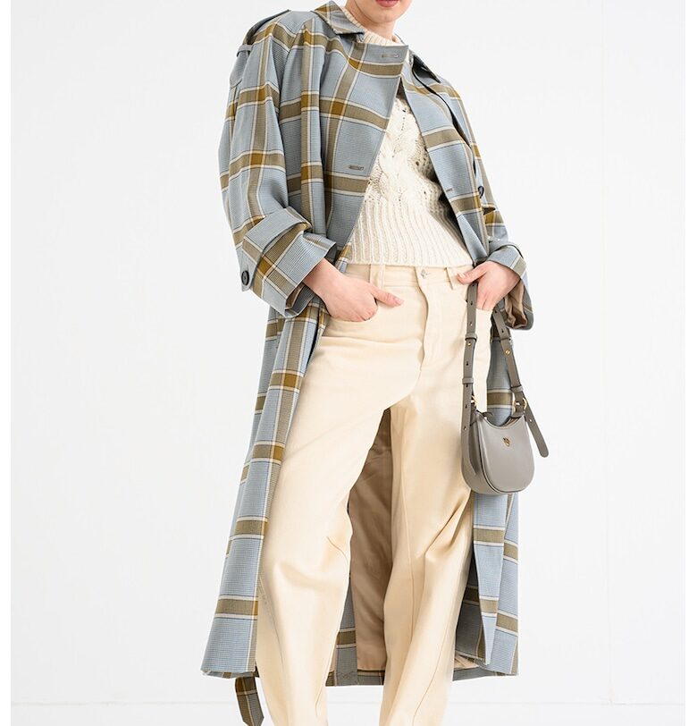 Дълъг тренч с вълна на каре - Каки/Син Tommy Hilfiger