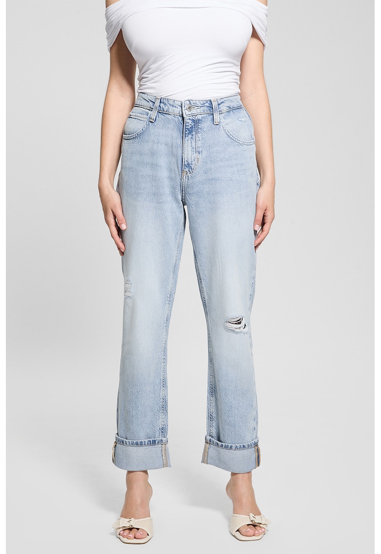 Дънки с лиосел с висока талия и захабен ефект - Светлосин GUESS