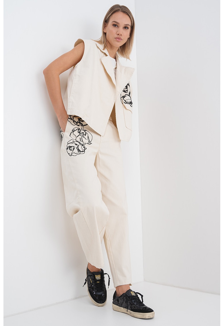 Дънки с флорални бродерии - Слонова кост/Черен MaxCo