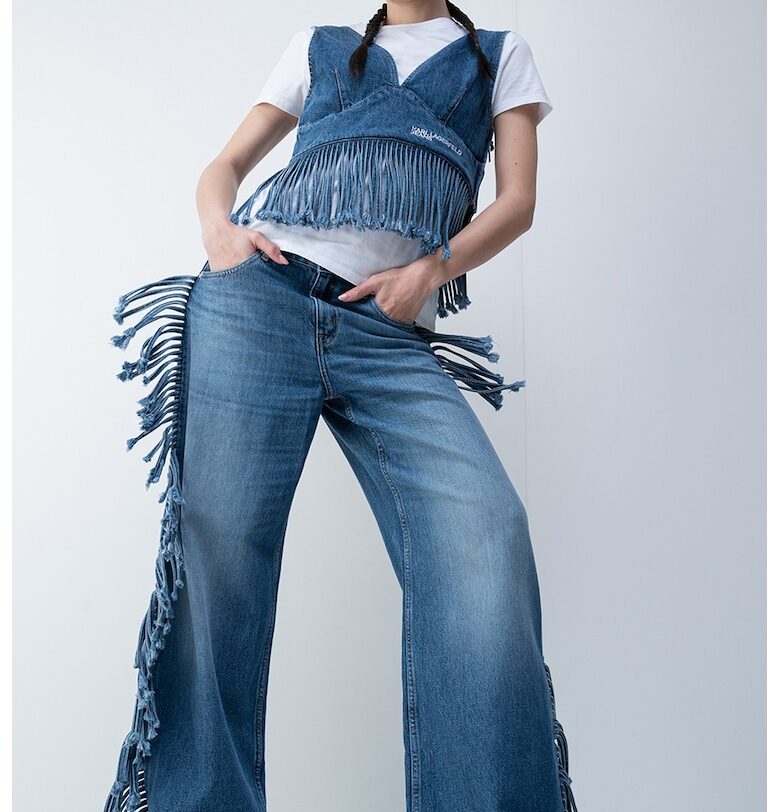 Дънки с широк крачол и пискюли - Син меланж KARL LAGERFELD JEANS