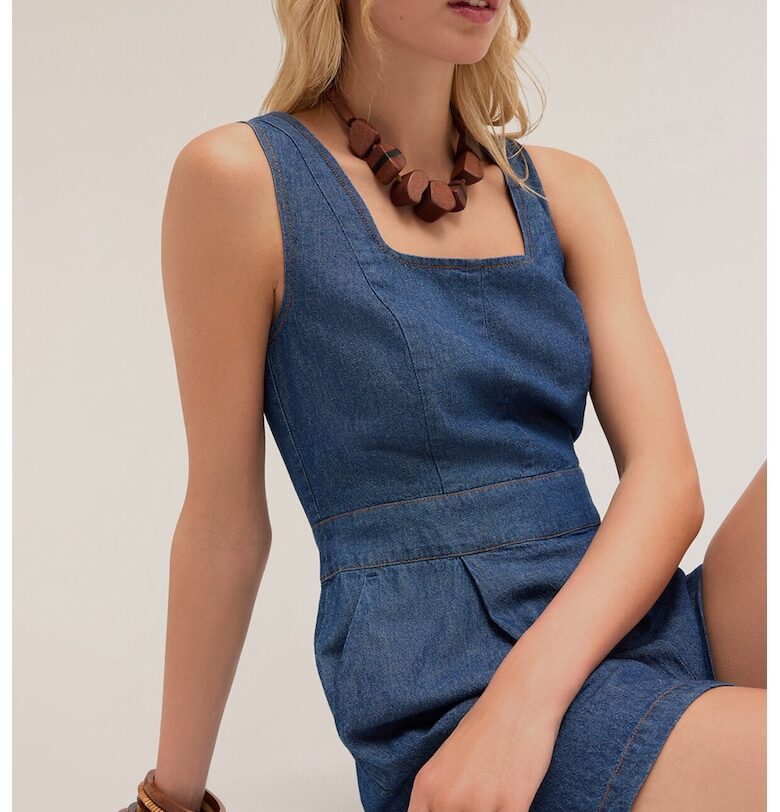 Дънков къс гащеризон с квадратно деколте - Тъмносин Motivi