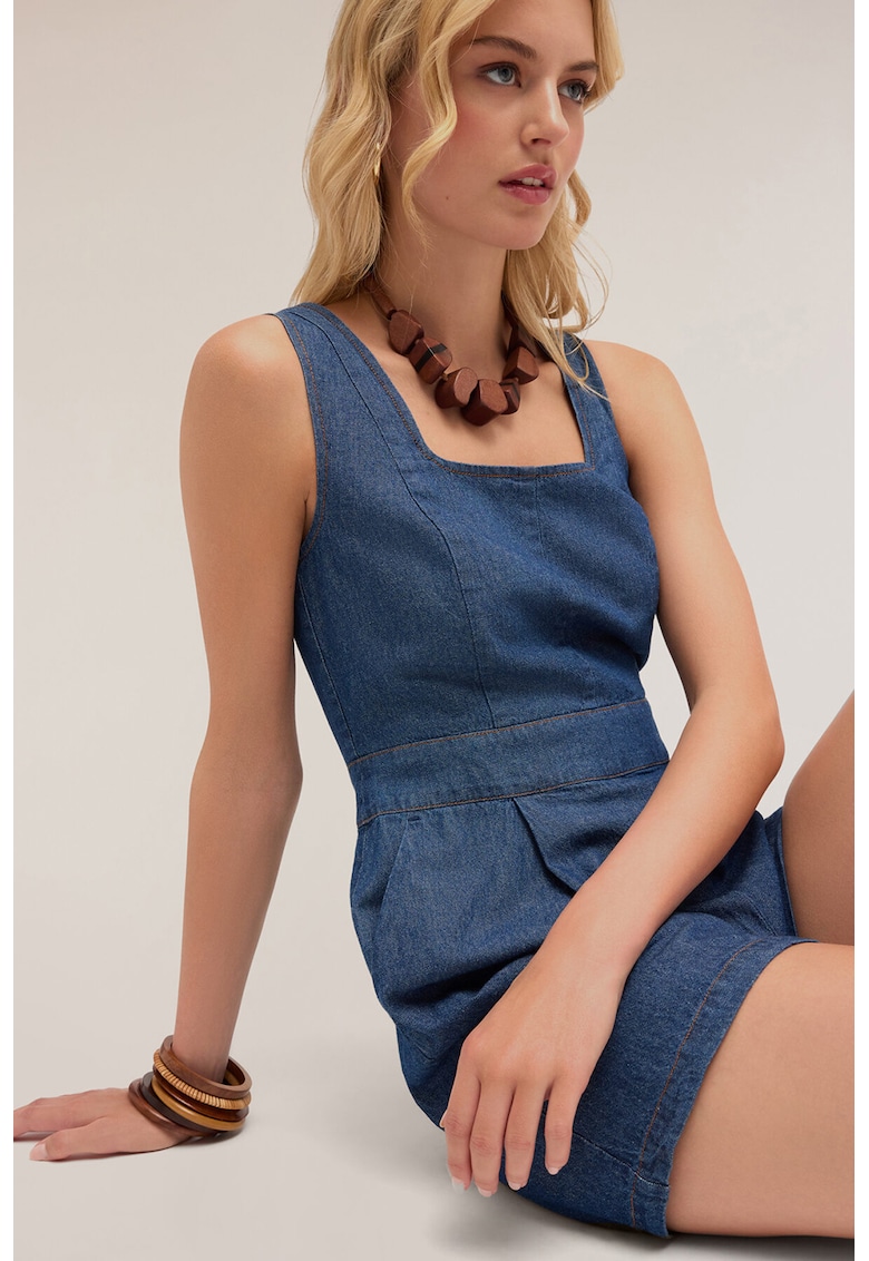 Дънков къс гащеризон с квадратно деколте - Тъмносин Motivi