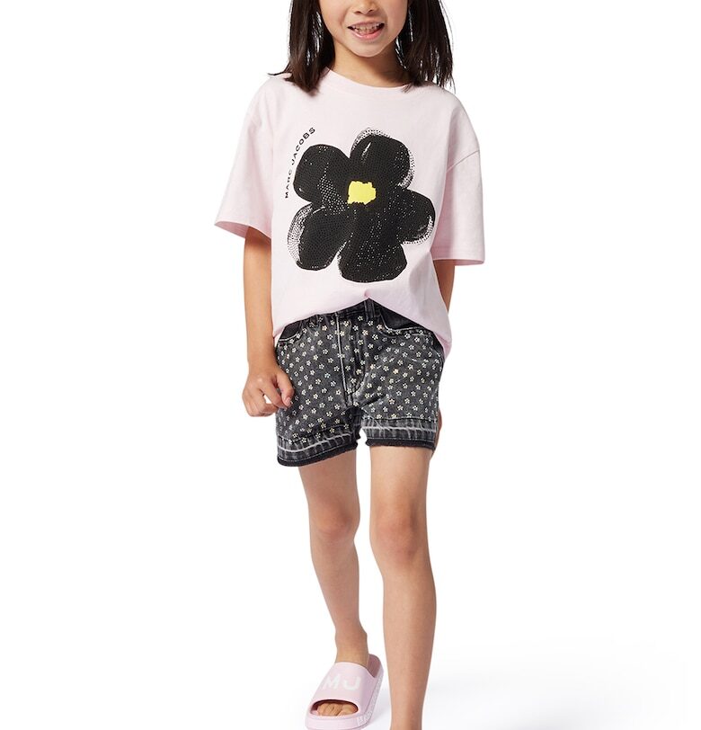 Дънков къс панталон с декоративни камъни - Бял/Жълт/Tъмносив Marc Jacobs