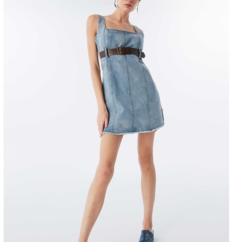 Дънкова рокля с квадратно деколте - Светлосин TWIST