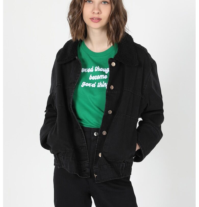 Дънково яке с еко пух на яката - Избеляло черно COLINS