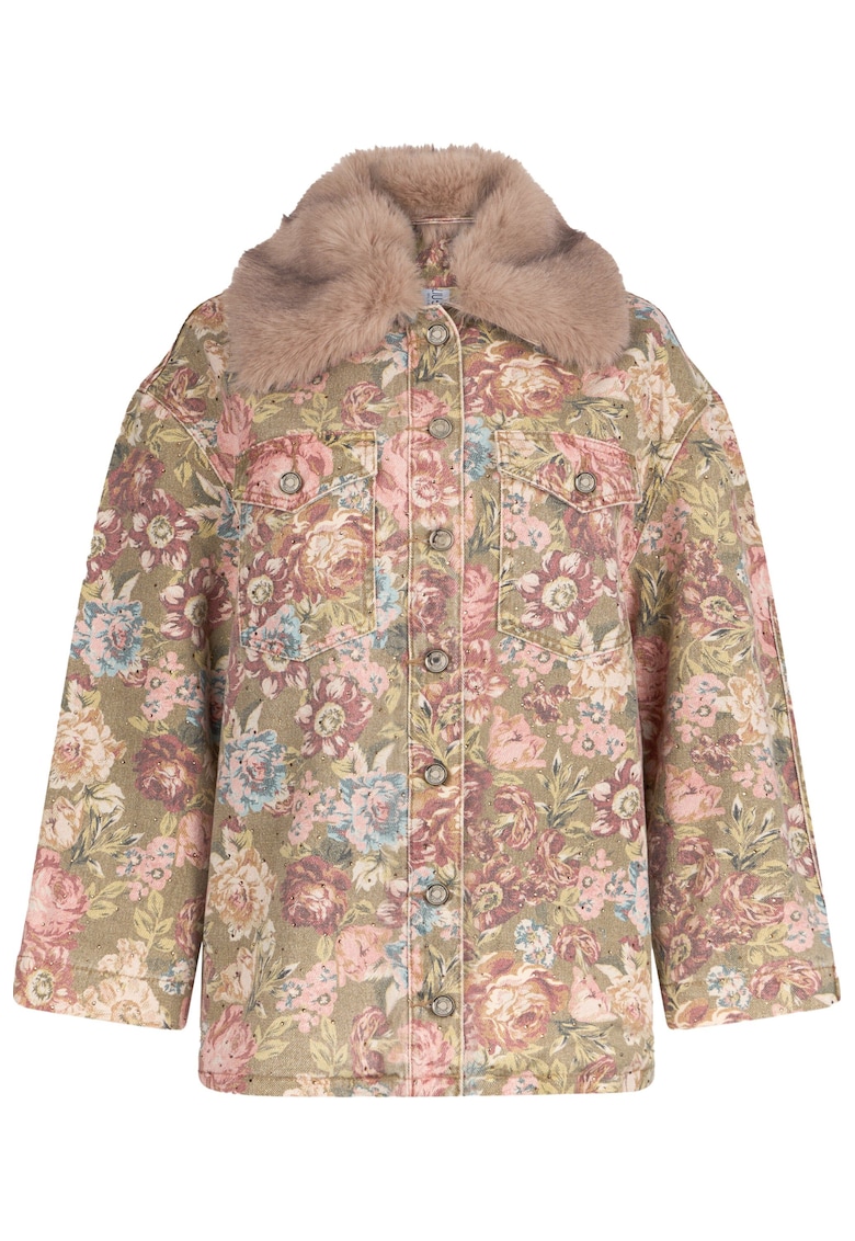 Дънково яке с яка от еко пух - Пастелносин/Светлокафяв/Прашно розово Liu Jo