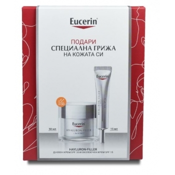 ЕУЦЕРИН ХИАЛУРОН ФИЛЪР Дневен крем 50 мл. SPF 30 + околоочен крем 15 мл. SPF 15 ПРОМО цена